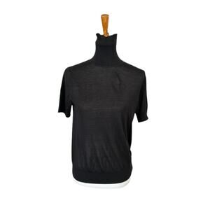 LilySilk Black Silk-Cashmere Turtleneck Top – Short Sleeve, Size M